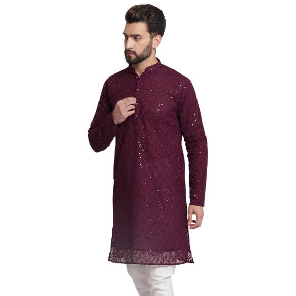 Men Chikankari Georgette Wine Color Kurta Full Sleeve Knee Length Kurta - Picture 3 of 5